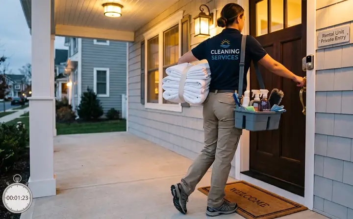 A cleaner arriving with supplies for a same-day turnover